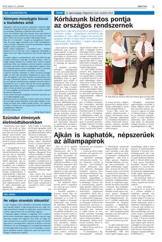 Ajkai Szó2016. július 15., péntek
3
Szünidei élmények
életmódtáborokban
Zenés műsorral, fogadással
emlékeztek meg az „anyák
megmentőjéről” és kitünteté-
sek átadásával fejezték ki el-
ismerésüket az intézményben
dolgozóknak a kórház vezetői
június 30-án, a hetedik emele-
ti, zsúfolásig telt nagyterem-
ben.
A megjelent orvosokat,
nővéreket, szakdolgozókat
Kusnyér Anna dallal üdvözöl-
te, majd dr. Nyári Ildikó fő-
igazgató mondott köszöntőt.
Beszédében kitért az egész-
ségügyben egyre inkább és
folyamatosan jelen lévő ne-
hézségekre, rámutatva többek
között arra, hogy a modern
eszközök üzemeltetéséhez
szakértelemre van szükség, de
egyre kevesebb szakemberrel
kénytelenek ellátni a felada-
tokat. Kiemelte, hogy a gya-
korlati tudás és a sok éves ta-
pasztalat nélkülözhetetlen az
egészségügy megfelelő műkö-
déséhez, ezért „a gyorstalpa-
lókon képzettek” nem igazán
tudnak érdemben hozzátenni
egy-egy intézmény színvona-
lának javításához. Szót ejtett a
kórházi ágyak kiszervezéséről
és a béremelések körül kiala-
kult bizonytalan helyzetről
is, amiről hiába beszélnek a
híradásokban, de az érintet-
tek, vagyis ők maguk, még
nagyon keveset tudnak való-
jában. A főigazgató szerint a
nehézségek ellenére a Magyar
Imre Kórház biztos pontja az
országos rendszernek, hiszen
kis létszámú személyzettel is
képesek helyt állni és megfe-
lelően ellátni a betegeket, ami-
ért elismerés jár az intézmény
minden dolgozójának.
Dr. Nyári Ildikót követően
Schwartz Béla polgármester
osztott meg néhány gondola-
tot a jelenlévőkkel. Csodálatát
és tiszteletét fejezte ki az elhi-
vatott egészségügyi szaksze-
mélyzet iránt, és éber, kritikus
viselkedésre biztatta őket a
későbbiekben is, hogy állja-
nak ki a saját érdekeik mellett.
(Az ünnepségen sokan a feke-
te ruhás nővér által fémjelzett
megmozdulásokat jelképező
kitűzőt viseltek).
A 2016-os Semmelweis-na-
pon a Kórházért kitüntetés-
ben részesülteket oklevéllel
és virággal díjazták odaadó,
precíz, sokéves munkájukért.
Elismerést kapott dr. Királyné
dr. Gősi Erika, a Mozgásszer-
vi Rehabilitációs osztály osz-
tályvezető főorvosa, dr. Pollák
Éva csecsemő-gyermekgyó-
gyász és gyermek gasztroen-
terológus szakorvos, Ernhéfer
Ferencné, a Belgyógyászati
osztály osztályvezető főnővé-
re, Kassai Józsefné, a belgyó-
gyászat OKJ-s ápolója, Béressy
György műtőssegéd és Simon
Tünde pénzügyi előadó is.
Ferencz Pálné vezető die-
tetikust, élelmezésvezetőt, a
Magyar Dietetikusok Orszá-
gos Szövetsége alapításának
25. évfordulója alkalmából az
Emberi Erőforrások Minisz-
tériuma elismerő oklevéllel
díjazta kiemelkedő szakmai
tevékenységéért.
Törzsgárda jutalomban
negyvennégyen részesültek a
kórház dolgozói közül, akik
húsz, huszonöt, harminc, har-
mincöt és negyven éve látják
el lelkiismeretesen a betege-
ket az intézmény munkatár-
saként, ez szinte emberfeletti
teljesítmény jelen körülmé-
nyek között. Az elismerések
átadását követően az ünnep-
ség állófogadással ért véget.
SzR.
ÜNNEP Az egészségügyi dolgozókat csak csodálni lehet
Kórházunk biztos pontja
az országos rendszernek
Ajkán is kaphatók, népszerűek
az állampapírok
Legyen bármi, Ajka helye biztosított az egészségügyi in-
tézmények sorában – hangsúlyozta Semmelweis-napi
beszédében dr. Nyári Ildikó, a Magyar Imre Kórház fő-
igazgatója. Minden év július elsején, Semmelweis Ignác
születésnapja előtt tisztelegve, a magyar egészségügy
napját ünneplik a szakmabeliek.
Dr. Nyári Ildikó és Schwartz Béla Semmelweis Ignác portréja előtt
(Fotó: Futó)
Könnyes-mosolygós búcsú
a tiszteletes úrtól
Ragyogóan kéklő ég és szikrázó napsütéses vasárnap reggel
virradt ránk. Regénybe illő képi idill lehetne, s mégis szokatla-
nul csendesen lépkedtek a csékútiak Isten háza felé.
Vilma néni kötözött, fájós lába ellenére tette meg házától a
távolságot, és sorra érkezett Ida, Ilonka és Piroska néni, Zoli
bácsi, Irénke, Joli, Zsuzsa, Lászlóék majd Biróék fiataljai.
Erős vár a mi Istenünk! - hangzik az evangélikusok köszön-
tése, de aznap reggel halkabban szólt. Kicsit beszélgettünk,
majd a templom hűvösében mindenki gondolataiba mélyedve
üldögélt, vártuk a tiszteletes urat.
Utolsó csékúti szolgálatára – szokásához híven – sietősen
érkezett, de ez is más volt, mint a megszokott. Mosolygott, s
ebben benne volt maga a búcsúzás is. Erőt merített vagy adott
vele?
Kicsinyke magja ez a gyülekezetnek, akik most Máté Evangé-
liumából hallhattuk a napi Igét. Az énekek szépen, néhol re-
megős hangon töltötték be a boltíves teret. Lelkünk megtelt
reménnyel, hittel, hisz töltekezni, Istennel beszélni, Jézusnak
örvendeni, bűneinket átadni és megerősödni megyünk házá-
ba. Imádkozás közben kicsivel hosszabbak lettek a szünetek.
Könnyeivel küzdött mindenki, a tiszteletes úr is, tudom.
A gyónást követően elérkezett az utolsó úrvacsora kiszolgál-
tatása. Az oltár köré csendesen térdepeltünk le, éppen elfér-
tünk. Hol vagytok ti, akik csak húsvétkor és karácsonykor tölti-
tek meg a templomot? Ilyenkor minden alkalommal eszembe
jut, amit egyszer a konfirmandus oktatáson mondott nekem a
tiszteletes úr: az Úr 1 héten 168 órát ad nekünk ajándékba.
Megáld gyermekkel, örömmel, küzdéssel, az életeddel, hittel.
Vajon mi mennyit adunk neki cserébe?
17 évnyi szolgálat, szívvel-lélekkel, értünk és velünk, Istenért
és Istennel. Szeretettel.
Tiszta szívből köszönjük szolgálatát, szeretetét, szívünkbe zár-
va mindig emlegetjük majd.
Hadd búcsúzzak el a csékútiak nevében Vajda István tisztele-
tes úrtól egyik kedves idézetével, amely talán pályáján is elin-
dította és kérjük Isten áldását további életére: „Aki megtalál-
ja életét, az elveszti azt, aki pedig elveszti életét énértem, az
megtalálja azt” (Máté Ev.)
És most imádkozzunk!
Biróné Bognár Ágnes
CIVIL TUDÓSÍTÓNKTÓL
Felejthetetlen nyári időtöl-
tésben volt részük az Ajkai
Család- és Gyermekjóléti Köz-
pont által szervezett napközis
táborok résztvevőinek, akik
egy héten át nemcsak változa-
tos programokon kapcsolód-
hattak ki, hanem ismereteiket
is gyarapíthatták a közelmúlt-
ban.
– A támogatóknak és a tá-
bor megvalósításában segí-
tőknek köszönhetően mozgal-
mas hete volt az intézmén�-
nyel kapcsolatban álló 6-12
éves gyermekeknek. Sok más
mellett légvárazás, egy na-
pos strandolás és halimbai
kirándulás várt a fiatalokra.
Az Ajkai Hivatásos Tűzoltó-
parancsnokság révén a láng-
lovagok munkaeszközeit is
megismerhették a táborozók,
sőt az elsősegélynyújtás alap-
jait szintén megbeszéltük a
gyerekekkel. A kézműves és
sport foglalkozásokon továb-
bi vidám élményekkel gaz-
dagodhattak – tájékoztatta
lapunkat Kupi Andrea Éva, az
Ajkai Család- és Gyermekjó-
léti Központ igazgatója, akitől
megtudtuk, hogy az ajkaival
egy időben Halimbán is tábort
szervezett az intézmény.
Negyvenkét alsós diák vett
részt a kistérségi életmód tá-
borban, ahova Halimbáról,
Öcsről és Szőcről érkeztek a
fiatalok. Az igazgató beszá-
molójából kiderült, hogy a
gyermekek kirándultak a Kút-
völgyben, ellátogattak Öcsre,
túráztak Halimbán és meglá-
togatták az ajkai Kristályfür-
dőt is. A köztes időben sorver-
senyekkel, számháborúval és
akadályversenyekkel töltötték
az időt, valamint kipróbálhat-
ták kézügyességüket és kreati-
vitásukat is a kézműves foglal-
kozásokon.
Kupi Andrea Éva szerint
a résztvevők sok élménnyel
és hasznos tapasztalatokkal
gazdagodtak a két táborban,
amit a szülői visszajelzések és
a gyerekek jó kedve is alátá-
masztott.
SzR.
Húsz éve áll az ügyfelek
rendelkezésére a Magyar
Államkincstár, ahol a ha-
zai pénzforgalom huszonöt
százalékát bonyolítják. Je-
lenleg hetvenhét állampapír-
forgalmazó ügyfélszolgálat
működik hazánkban az idén
februárban megnyitott ajkai
értékesítési ponttal együtt.
Az Államkincstár tevékeny-
ségéről és az ajkai tapasztala-
tokról Somlai Józsefnét, a Ma-
gyar Államkincstár Veszp-
rém Megyei Igazgatóságának
igazgatóját kérdeztük.
– Hol találhatók Állam-
kincstár pontok a megyében?
Él a lakosság ezzel a befekte-
tési lehetőséggel?
– Veszprém megyében a
Kincstár immár négy he-
lyen, Veszprémben, Pápán,
Várpalotán és ez évtől Aj-
kán is fogadja az állampapír
befektetések iránt érdeklő-
dő ügyfeleket. Befektetőink
száma a megyében az elmúlt
egy évben közel huszonöt
százalékkal, emelkedett, ami
minden bizonnyal annak az
eredménye, hogy ügyfélszol-
gálataink folyamatos bőví-
tésével közelebb kerültünk a
helyi lakosokhoz, vállalko-
zásokhoz. A pontok elérése is
egyre kényelmesebb, de a leg-
fontosabb talán az, hogy kor-
szerű, modern, színvonalas
befektetési szolgáltatásokat
biztosítunk, ami szimpatikus
a lakosságnak.
– A lakosság milyen szolgál-
tatásokat vehet igénybe az Ál-
lamkincstár pontokon?
– Ügyfeleink értékpapír
nyilvántartási-számlát, tar-
tós befektetési számlát és
Kincstári Start-értékpapír-
számlát nyithatnak, vala-
mint változatos állampapír
kínálatból választva kész-
pénzmentes befektetési tran-
zakciókat végezhetnek, így
mindenki megtalálhatja a
számára megfelelő befekteté-
si lehetőséget. Célszerű már
a számlanyitáskor jogosult-
ságot igényelni TeleKincstár,
WebKincstár, MobilKincstár
elektronikus forgalmazási
csatornákhoz, illetve élni a
kényelmi szolgáltatásokkal.
Az elektronikus forgalmazá-
si csatornák igénybevételével
az állampapír befektetéseket
kényelmesen (interneten, te-
lefonon, illetve okostelefonon
keresztül), akár otthonról
is tudják intézni. Az érté-
kesítési pontokon kizárólag
készpénzmentes fizetési tran-
zakció kezdeményezhető, az
állampapírok vételára bank-
kártyás fizetéssel, illetve át-
utalással egyenlíthető ki.
– Milyen előnyei vannak az
állampapíroknak?
– Az állampapírok a leg-
biztonságosabb befekteté-
si lehetőségnek számítanak
Magyarországon. Az ok egy-
szerű: lejáratkor a tőke teljes
összegére, valamint az esedé-
kes kamatokra – értékhatártól
függetlenül – teljes körű az
állami garancia. Rugalmas,
értékálló befektetés, ami ma-
gas, előre kiszámítható – az
egyéb befektetéseket megha-
ladó – hozamot ad. Nem utol-
sósorban pedig a Kincstárnál
a számlavezetés díjmentes. A
magyar emberek egyre jobban
bíznak az állam által nyújtott
befektetési szolgáltatásokban,
korrekt és megtérülő megta-
karítási formaként tekintenek
a Kincstári Start-értékpapír-
számlára és Babakötvényre.
Mindkét termék nagyon nép-
szerű, ugyanis országosan
több mint százezer Kincstári
Start-értékpapírszámlán kö-
zel 23 milliárd megtakarítás
halmozódott fel, Veszprém
megyében – a Babakötvény
bevezetése óta – pedig több
mint négyezer-ötszáz Kincs-
tári Start-értékpapírszámlát
nyitottak, amin 824 millió fo-
rintot helyeztek el.
– Mik a tapasztalok az ajkai
értékesítési ponttal kapcsolat-
ban?
– Az ajkai értékesítési pont
az elmúlt három hónapban
növekvő ügyfélforgalommal
büszkélkedhet. Több mint
száztíz ügyfél látogatta meg a
kirendeltséget eddig és közel
harminc új számlaszerződést
kötöttünk. A Kincstári Start-
értékpapírszámla volt a leg-
népszerűbb, de sokan keresték
az egyéb befektetési lehetősé-
geket is. Bízunk abban, hogy
a hazai piacon kiemelkedő
kamatokat biztosító állam-
papírokat és a Kincstár által
nyújtott modern, ám díjmen-
tes befektetési szolgáltatásokat
tovább tudjuk népszerűsíteni
az ajkai lakosság körében.
– Hol kaphatnak Ajkán az
érdeklődők további informá-
ciókat a megtakarítási lehető-
ségekről?
– A Járási Hivatalban, a
Szabadság tér 12. szám alatt
az I. emeleten működik az
értékesítési pontunk, ami
hétfőn 8-16 óráig, kedden és
szerdán pedig 8-14 óráig tart
nyitva, ahol munkatársaink
bővebb tájékoztatást adnak a
befektetési lehetőségekről és
a Kincstár által nyújtott kor-
szerű szolgáltatásokról. Az
ajkai kirendeltségre nem csak
a helyi, hanem a környékbeli
lakosságot és vállalkozásokat
is várjuk. A Kincstár részéről
bízunk abban, hogy ismertsé-
günk napról napra növekszik
a térségben és ezért egyre töb-
ben választják majd a kiemel-
kedő hozamú, biztonságos ál-
lampapírt megtakarításként a
későbbiekben is. SzR.
Ne váljon strandoló áldozattá!
A nyári melegben sokan választják a strandokat, kikapcsoló-
dás, nyaralás céljából. A nagy tömeg alkalmas arra, hogy a tol-
vajok észrevétlenül ellopják az értékeinket, amiket őrizetlenül
a parton vagy parkolás után az autónkban hagyunk.
A védekezés legjobb módszere a megelőzés. Ezért, mielőtt a
járművünket a parkolóban hagyjuk, győződjünk meg róla, hogy
semmilyen tárgyat nem hagytunk szem előtt, ha mégis van
olyan csomag, amit az autóban szeretnénk hagyni azt lehető-
ség szerint a csomagtartóban helyezzük el! Miután a strandra
bementünk, ha van lehetőségünk rá, az értékeinket helyezzük
el értékmegőrzőbe! Amennyiben ez nem lehetséges, a csoma-
gokra, értékekre, felváltva vigyázzunk, ezzel nem adunk lehe-
tőséget a tolvajoknak a lopásra!
KÉK HÍREK
 