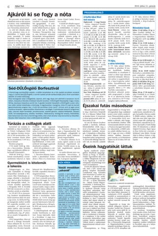 Ajkai Szó 2016. július 15., péntek
6
PROGRAMAJÁNLÓ
A Kultik Ajkai Mozi
heti műsora
Jégkorszak – A nagy bumm
- színes, magyarul beszélő,
amerikai családi animáci-
ós film, 100 perc - július 14.
csütörtök- július 20. szerda
között csütörtök 12.30 3D,
14.30 2D, 16.30 3D, 18.30 3D,
péntek 12.30 2D, 14.30 3D,
16.30 3D,18.30 3D, szombat
10.00 3D, 12.00 2D, 14.00 3D,
16.00 3D, vasárnap 12.30
3D, 14.30 2D, 16.30 3D,18.30
3D, hétfő 12.30 2D, 14.30
3D, 16.30 3D, 18.30 3D, kedd
12.30 3D, 14.30 3D, 16.30 2D,
18.30 3D, szerda 12.30 3D,
14.30 3D, 16.30 2D, 18.30 3D
július 21. csütörtök- július 27.
szerda között minden nap
14.00, 16.00, július 28. csü-
törtök- augusztus 3. szerda
között minden nap 14.00
Mike és Dave esküvőhöz
csajt keres - színes, magyarul
beszélő, amerikai komédia -
július 14. csütörtök – július
20. szerda között csütörtök,
szombat, vasárnap, hétfő
20.30
Mielőtt megismertelek - szí-
nes, feliratos, amerikai drá-
ma - július 15. péntek 20.30,
július 19. kedd 20.30
Star Trek: Mindenen túl 3D
- színes, magyarul beszélő,
amerikai sci-fi akciófilm –
premier előtt: július 20. szer-
da 20.30, július 21. csütörtök-
július 27. szerda között min-
den nap 18.00, 20.30
július 28. csütörtök-augusz-
tus 2. szerda között csütör-
tök, kedd 16.00, péntek 20.30,
szombat, hétfő, szerda 18.00
Jason Bourne - színes, ma-
gyarul beszélő, amerikai
akcióthriller - július 28. csü-
törtök-augusztus 2. szerda
között csütörtök, kedd 18.15,
20.30 péntek 16.00, 18,15,
szombat, hétfő, szerda 16.00,
20.30, vasárnap 16.00
André Rieu 2016-os maast-
richti koncertjének közve-
títése felvételről, közvetítés
egy szünettel - július 31. va-
sárnap 19.00
TV Ajka,
a város televíziója
A TV Ajka adásai hétfőn,
szerdán és pénteken 19 óra-
kor kezdődnek, kedden,
csütörtökön és szombaton 9
órától az előző napi adásunk
ismétlését láthatják. Műsora-
ink online is megtekinthető-
ek a http://tvajka.hu webol-
dalon, összeállításaink már
másnaptól visszanézhetőek
ugyanitt, illetve a TV Ajka
YouTube-csatornáján is.
Következő adásaink ponto-
sabb programjáról a tvajka.
hu és az ajkaiszo.hu honla-
pon, valamint az AVTV Kép-
újságban tájékozódhatnak.
A TV Ajka műsorai élőben
és utólag is bármikor megte-
kinthetők a http://tvajka.hu
honlapon!
Művelődési házak
Július 13-tól július 22-ig az
Ajkai Grafikai Műhely 34.
Nemzetközi Grafikai Tábora
a magyarpolányi tájházban.
Vendégváró nyílt nap július
19-én, kedden.
Július 15-én 15.00 órakor a
Pannon Várszínház előadá-
sában Szépek szépe mesejá-
ték, majd 21.00 órakor Ajká-
ról ki se fogy a nóta címmel
musical és tánc show a Városi
Strand és Élményfürdő terü-
letén.
Július 16-án 14.00 órától „Ez
a kép az időnek készült” cím-
mel Ágh István délutánja az
iszkázi Nagy László-emlék-
házban.
Július 16-án 18.00 órakor
Rockudvar a művelődési köz-
pont szabadtéri színpadán.
Az esten fellép az IronBird, a
Hang-Ár és Ajka Rock Band.
Július 25-től július 29-ig, na-
ponta 9.00-15.00 óráig bőr-
műves tábor gyermekeknek
a művelődési központ aulá-
jában.
Július 30-án 17.30 órától az
Ajkai Fotóklub és az Úrkúti
Csillagászati Klub éjszakai
túrája a Bakony vonulatai kö-
zött.
KÉK HÍREK
Vasúti mosdóban
„udvarolt”
Lezárták a nyomozást az ajkai
rendőrök azzal a férfival szem-
ben, aki a helyi vasútállomás
mosdójába zárva bántalmazott
egy nőt.
Egy ajkai vendéglátóhelyen szó-
rakozott február 17-én a kora
délutáni órákban a 22 éves H. R.
kertai lakos a későbbi sértettel.
Onnan a közeli vasútállomásra
mentek, ahol a nőnek mosdó-
ba kellett mennie. A kertai férfi
elkérte a pénztárnál a kulcsot,
majd bement a sértettel a mel-
lékhelységbe és annak ajtaját
belülről kulccsal bezárta. Ezután
levetkőzött és felszólította a nőt,
hogy vegye le ő is a ruháit. Mivel
ezt nem tette meg, a férfi bántal-
mazni kezdte a nőt, aki könnyű
sérüléseket szenvedett.
Az ügyben a személyi szabadság
megsértése, szeméremsértés
és könnyű testi sértés bűncse-
lekmények elkövetésének meg-
alapozott gyanúja miatt indított
nyomozást az Ajkai Rendőrkapi-
tányság a napokban befejezte,
és az ügy iratait vádemelési ja-
vaslattal küldte meg az illetékes
ügyészségnek.
Ajkáról ki se fogy a nóta
Őseink hagyatékát láttuk
Éjszakai futás másodszor
Két gyermek- és két felnőtt-
előadással várja az idei nyáron
a kultúra iránt érdeklődőket
az Ajkai Strandszínház a Pan-
non Várszínház művészeivel.
Az első két előadás július
15-én, pénteken várja az ér-
deklődőket. A Szépek szépe
zenés mesejáték 15 órakor
kezdődik, majd 21 órakor az
Ajkáról ki se fogy a nóta című
musical és táncshow lesz mű-
soron. Az utóbbi darab Ajka
város közönsége számára ké-
szült, tudtuk meg Vándorfi
Lászlótól, a Pannon Várszín-
ház igazgatójától.  A sztár-
vendég Gazdag Tibor lesz, aki
énekli többek között az Apám
hitte című dalt is. Fellép a
Varidance Táncegyüttes step
és más látványos stílusokat
felvonultató koreográfiájával.
A Képzelt riport című darab-
ból is csendülnek fel dalok. A
színpadon láthatja a közönség
többek között P. Petőcz And-
rást, Kovács Ágnes Magdolnát,
Szente Árpád Csabát, Keresz-
tesi Lászlót.
A másik két előadás augusz-
tus 13-án, szombaton várja
az érdeklődőket, 11 órakor a
Mesevarázs című zenés ját-
szadozáson szórakozhatnak
a gyerekek, a felnőttek és a
családok számára pedig 20
órakor a Dzsungel könyve
musicalt állítják színpadra. A
főszerepekben Kékesi Sándor
és Telegdi Kamilla játszik.
T.A.
Látványos jelenetekben bővelkedik a táncshow
Séd-DŰLŐngélő Borfesztivál
A Somló-hegy somlószőlősi oldalán, a diófák árnyékában és a hűs családi pincékben rendezik
meg a II. Somló Séd-DŰLŐngélőt, a somlói családi pincék borfesztiválját július 16-án szombaton
délelőtt 10 órától kiDŰLésig.
Húsz borosgazda várja a látogatókat, olyanok, akik nagy része nem elérhető a borpiacon: kis té-
telben, klasszikus fahordós érleléssel készítik boraikat. A DŰLŐngélő főszereplője maga a tüzes,
férfias, ásványos klasszikus somlói bor. A gazdák boraiból házasított a DŰLŐngélő cuvée-t stílu-
sos vidéki ízekkel kóstolhatja a közönség. A bográcsokban mangalica, birka fő majd és kiemelt
gasztrohedonista program lesz „A sült hal somlóiban kíván úszni!” címmel, amit az egyik pince
rusztikus teraszán, naplementében élvezhetnek a vendégek. A szórakozást sokszínű programsor
adja. Lesznek vásári komédiák, pincekoncertek, vezetett geotúra, néptánc-fellépések, dézsavű
fürdő, bor-szépségverseny, ultisátor, hordótánc, hébérverseny, hordógurító verseny, fotókiállítás.
Este bakancsos túra indul a Somló-hegy tetőre, ahol a Csík Zenekar várja koncerttel az érkezőket.
Éjszaka több helyszínen indul a dűlő-diszkó és dűlő-bál.
Szeretettel vár minden ér-
deklődőt az Ajkai Fotóklub és
az Úrkúti Csillagászati Klub
egy izgalmas éjszakai túrázá-
son az élő természetben a Ba-
kony vonulatai között július
30-án (szombaton) 17:30-tól, a
Sárcsi-kútnál!
Részletes program:
17:30 órától 18:00-ig: érke-
zés a Sárcsi-kúthoz. (Kérjük,
hogy a gyülekezési időben ér-
kezzenek! Köszönjük!) 
18:00-tól 20:40-ig a Sárcsi-
kútnál ismerkedünk a termé-
szetfotózás titkaival az Ajkai
Fotóklub lelkes tagjainak
segítségével. Megtudhatjuk,
milyen a jó természetfotó, ho-
gyan készíthető el, s milyen
eszközökre van hozzá szüksé-
günk. A Klub optikái, fényké-
pezőgépei (felügyelet mellett)
kipróbálhatóak. A fotós szak-
emberek készséggel segítenek
elmélyedni a témában.
20:45-től gyülekezés a csil-
lagászati túrához, majd indu-
lás Sárcsi-kúttól.
1. Távcsöves állomás: Ismer-
kedés a planétákkal. Kalan-
dozás a Mars és a Szaturnusz
bolygók között.
2. Távcsöves állomás: Ki-
lépés a Naprendszerből. Ket-
tőscsillagok, csillagködök és
galaxisunk egyéb érdekessé-
geinek megszemlélése.
3. Távcsöves állomás: Az éj-
szakai égbolt csodái és azok
fényképes rögzítésének mi-
kéntje. További utazás az ég-
bolt meghökkentő égitestei
között.
Az utolsó állomás után vis�-
szaindulás Sárcsi-kútra. A
túra teljes hossza körülbelül 7
km. A program ingyenes!
Túrázás a csillagok alatt
Második alkalommal hirdet-
te meg a Sportváros Nonprofit
Kft. és a Bakonyi Tájfutó Klub
az éjszakai futást. A versenynek
a városi sportcsarnok adott ott-
hont június 29-én.
Az este fél kilences kezdésre
enyhült a kánikula, kellemes
hőmérsékletben tették meg a
távot a kocogásra vagy futásra
jelentkezett családok, társasá-
gok. A futópályán a villanyfény,
a szokatlan időpont különös
hangulatot adott a programnak.
A résztvevők többsége fiatal fel-
nőtt volt, de érkeztek családok
kisgyermekkel is. Országi Sárá-
tól megtudtuk, hogy családjával
tavaly is részt vettek a rendezvé-
nyen.Örömmeljöttekazidénis.
A versenyzőkön kívül szur-
kolók is érkeztek, akik hango-
san buzdították a futókat. Több
versenyszámba lehetett nevezni,
a 30 perces kocogást huszonket-
ten választották, a 4X800 méte-
res családi váltóban három csa-
lád 12 tagja vett részt, a 8X800
méteres váltóban huszonné-
gyen futottak, az öt kilométeres
futásra tíz nő és kilenc férfi vál-
lalkozott.
A családi váltót az Országi
család nyerte, második lett a Pe-
gán,harmadikaHarmos család.
A 8X800 méteres váltóban Az
éjjel soha nem érhet véget elne-
vezésű csapat állt a dobogó leg-
felső fokára, második lett az LZ-
Form, harmadik a Futók Klubja
2014. Öt kilométeren a nőknél
Szíjjártó Krisztina, Pegán Ágnes
és Kósa Szilvia lett a sorrend, a
férfiaknál Liska Bálint, Országi
Máté és Bókony Norbert. A leg-
jobbak érmet, serleget és pólót
kaptak.
T.A.
Egyike rendkívüli szépsé-
gekben bővelkedő tájegysége-
inknek az Őrség. A Tósokbe-
réndért Egyesülettel idén erre
a vidékre látogattunk el június
11-én. Tagoknak és a falu kö-
zösségének volt lehetősége részt
venni a kiránduláson.
Utunk első állomása Velemér
volt, ahol a XIII. század végi
gótikus templom fényjátékát
csodálhattuk meg. Ámulatba
ejtett bennünket az emberi ész,
tapasztalás és alkotás szédü-
letes összehangoltsága, amely
1377-től – a freskó elkészítése
óta – látható. Ezután Magyar-
szombatfán, a fazekasság köz-
pontjában megismerkedtünk
az egykoron használt cserép
tárgyakkal, edényekkel, elké-
szítési praktikáikkal, a fazeka-
sok életkörülményeivel. Meg-
tekintettük az Őrségi Vadászati
Kiállítást is, ahol a kalauzoló
vadász által elejtett állatok és
trófeáik voltak láthatóak. Kö-
zöttük olyan állatok prepará-
tumait néztük meg, amelyek,
már ezen a vidéken nem élnek,
ilyenek például a siketfajd, nyír-
fajdkakas. Afrikai vadászatai-
nak az eredményét is bemutat-
ta a tulajdonos. A ház mellett
természetes életterükben nagy
vadakat láttunk testközelben.
Többek között a vaddisznópár
dagonyázásának voltunk szem-
tanúi.
Őriszentpéteren, az Őrség
fővárosában, megtekintettük
az 1230 körül épült román stí-
lusú templomerődöt. A temp-
lom falán bibliai idézeteket ol-
vashattunk a XVII. századból,
amelyek az asszonyemberre is
utalnak. A templomkertben az
egykori sáncárok nyomait lát-
tuk.
Megnéztük az őrségi tele-
pülések jellegzetes formáit, a
szereket. Szalafő hét, Őriszent-
péter nyolc szeren épült fel. Az
épületeket dombok tetejére
helyezték el, amelyek őrsze-
mekként vigyáztak az ott élő
emberekre. Szalafő legszebb,
páratlan látványt nyújtó szer-
ébe, a Pityerszerbe látogattunk
el. Megismerkedtünk a szeres
település kezdetleges füstös há-
zain túl a XVII. században volt
szokásjogokkal, életmódokkal.
Nyomon követhettük a lakóhá-
zak fejlődési szakaszait. Rend-
kívüli látványban volt részünk.
Utunk során megtekintet-
tük az erre a vidékre jellemző
pankaszi szoknyás haranglábat
az 1755-ös évekből. Barango-
lásunk befejezéseként a Hegy-
hátszentjakabon található Va-
dása-tó természeti szépségeiben
gyönyörködtünk.
A tartalmas kirándulást,
mint minden évben, Kalló Imre
elnökségi tag szervezte. A gon-
dosan összeállított program
ismét hozzájárult, ahhoz, hogy
tiszteljük őseinket, akiktől
megannyi emléket örököltünk
és becsüljük meg azt a helyet,
ahova beleszülettünk.
Cs.B.É.
Csoportunk a veleméri templomban
Zalaegerszegen, az Alsó-
erdei Szabadidős és Ifjúsági
Központban tartották a Mo-
untain Bike Diákolimpia or-
szágos döntőjét a közelmúlt-
ban, ahol az ajkai kerékpáro-
sok lehengerlőek voltak. Vá-
rosunk mindkét egyesülete,
a BringAjka KSE és Kiválók
KSE ifjú versenyzői is az élme-
zőnyben zárták az erőpróbát.
Az U9-től U19-es korosztá-
lyig hirdetett küzdelmekben
közel százötven diák vett részt
a nap során. Az életkortól füg-
gő kategóriák mellett további
két csoportba sorolták a ver-
senyzőket. „A” jelzéssel azok
álltak rajthoz, akik hivatalos
kerékpárversenyzői licenccel
rendelkeznek, míg „B” jelzés-
sel az amatőr bringásokat ér-
tékelték.
U9/A kategóriában Marczal
Marcell a dobogó harmadik
fokára állhatott fel. Az U11/A
kategóriában Zarka Dominik
ötödik, Szür Brendon hatodik
helyezett lett. Mindhárman a
Kiválók csapatából érkeztek a
megmérettetésre.
U13/B kategóriában Monos-
tori Noel a második pozícióba
kerekezte fel magát. Az U17/B
kategóriások között Licsár
László nyolc másodperces hát-
ránnyal indult, mégis a dobo-
gó legfelső fokára állhatott fel.
Monostori Samu ugyanennyi
büntetőidőt leküzdve harma-
dik lett a mezőnyben. Zoller
Márton az U17/A kategória
ötödik helyét szerezte meg egy
percnyi hátránnyal a háta mö-
gött. Mindannyian a BringAj-
ka KSE-nek hoztak elismerést
a döntőben.
A diákolimpiának volt egy
óvodás betétfutama is, ahol
Szür Szonja képviselte Ajkát
és a Kiválókat. A négy éves
kishölgy ügyesen teljesítette a
számára nem túl könnyű pá-
lyát, derekasan helytállt, így
az ovis lányok között harma-
dik lett. SzR.
Gyermekként is lételemük
a tekerés
 