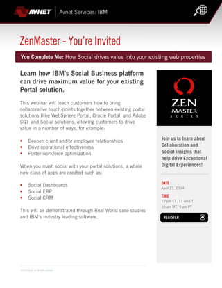 Avnet Services: IBM
PROVEN OFFERINGS FOR THE CLOUD
DATE
You Complete Me: How Social drives value into your existing web properties
Learn how IBM's Social Business platform
can drive maximum value for your existing
Portal solution.
This webinar will teach customers how to bring
collaborative touch-points together between existing portal
solutions (like WebSphere Portal, Oracle Portal, and Adobe
CQ) and Social solutions, allowing customers to drive
value in a number of ways, for example:
• Deepen client and/or employee relationships
• Drive operational effectiveness
• Foster workforce optimization
When you mash social with your portal solutions, a whole
new class of apps are created such as:
• Social Dashboards
• Social ERP
• Social CRM
This will be demonstrated through Real World case studies
and IBM's industry leading software.
April 23, 2014
TIME
12 pm ET, 11 am CT,
10 am MT, 9 am PT
REGISTER
Join us to learn about
Collaboration and
Social insights that
help drive Exceptional
Digital Experiences!
ZenMaster - You’re Invited
© 2014 Avnet, Inc. All rights reserved.
 