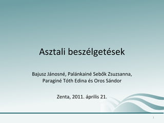 Asztali beszélgetések Bajusz Jánosné, Palánkainé Sebők Zsuzsanna, Paraginé Tóth Edina és Oros Sándor Zenta, 2011. április 21. 