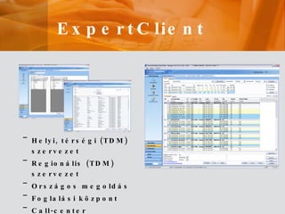 ExpertClient Helyi, térségi (TDM) szervezet Regionális (TDM) szervezet Országos megoldás Foglalási központ Call - center 