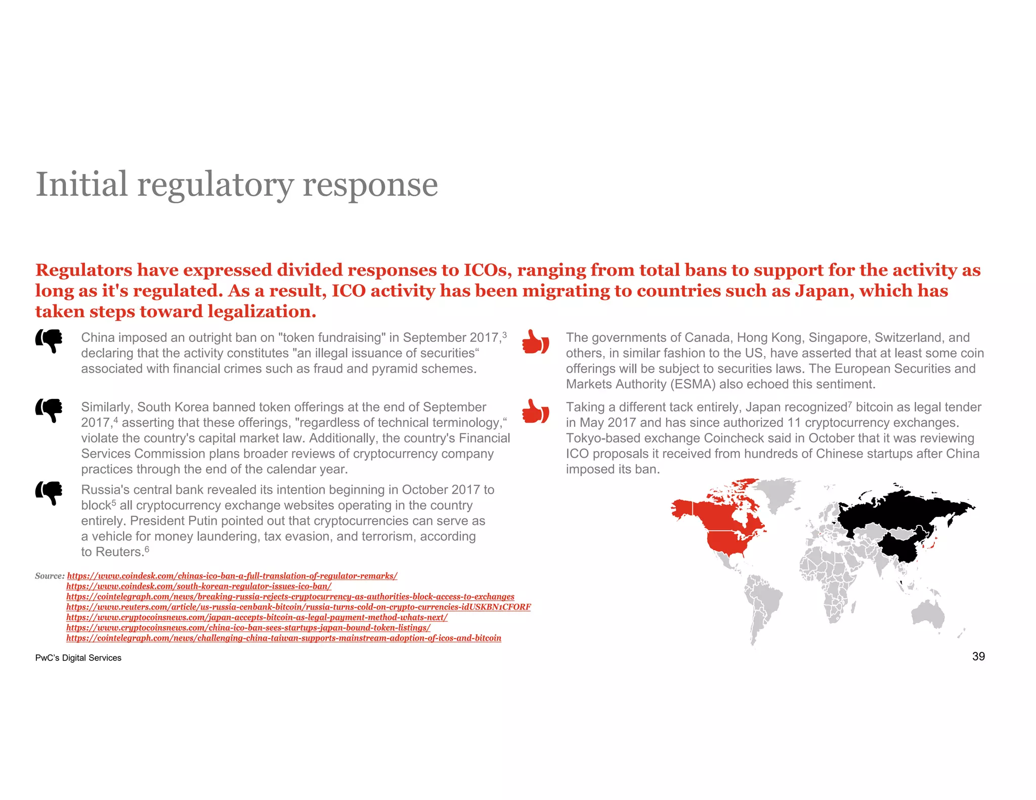 39PwC’s Digital Services
Initial regulatory response
Regulators have expressed divided responses to ICOs, ranging from total bans to support for the activity as
long as it's regulated. As a result, ICO activity has been migrating to countries such as Japan, which has
taken steps toward legalization.
China imposed an outright ban on "token fundraising" in September 2017,3
declaring that the activity constitutes "an illegal issuance of securities“
associated with financial crimes such as fraud and pyramid schemes.
Source: https://www.coindesk.com/chinas-ico-ban-a-full-translation-of-regulator-remarks/
https://www.coindesk.com/south-korean-regulator-issues-ico-ban/
https://cointelegraph.com/news/breaking-russia-rejects-cryptocurrency-as-authorities-block-access-to-exchanges
https://www.reuters.com/article/us-russia-cenbank-bitcoin/russia-turns-cold-on-crypto-currencies-idUSKBN1CFORF
https://www.cryptocoinsnews.com/japan-accepts-bitcoin-as-legal-payment-method-whats-next/
https://www.cryptocoinsnews.com/china-ico-ban-sees-startups-japan-bound-token-listings/
https://cointelegraph.com/news/challenging-china-taiwan-supports-mainstream-adoption-of-icos-and-bitcoin
Similarly, South Korea banned token offerings at the end of September
2017,4 asserting that these offerings, "regardless of technical terminology,“
violate the country's capital market law. Additionally, the country's Financial
Services Commission plans broader reviews of cryptocurrency company
practices through the end of the calendar year.
Russia's central bank revealed its intention beginning in October 2017 to
block5 all cryptocurrency exchange websites operating in the country
entirely. President Putin pointed out that cryptocurrencies can serve as
a vehicle for money laundering, tax evasion, and terrorism, according
to Reuters.6
The governments of Canada, Hong Kong, Singapore, Switzerland, and
others, in similar fashion to the US, have asserted that at least some coin
offerings will be subject to securities laws. The European Securities and
Markets Authority (ESMA) also echoed this sentiment.
Taking a different tack entirely, Japan recognized7 bitcoin as legal tender
in May 2017 and has since authorized 11 cryptocurrency exchanges.
Tokyo-based exchange Coincheck said in October that it was reviewing
ICO proposals it received from hundreds of Chinese startups after China
imposed its ban.
 