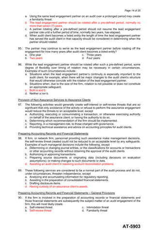Page 14 of 20
AT-5903
a. Using the same lead engagement partner on an audit over a prolonged period may create
a familiarity threat.
b. The lead engagement partner should be rotated after a pre-defined period, normally no
more than seven (7) years.
c. A partner rotating after a pre-defined period should not resume the lead engagement
partner role until a further period of time, normally two years, has elapsed.
d. When audit client becomes a listed entity the length of time the lead engagement partner
has served the audit client in that capacity should be considered in determining when the
partner should rotated.
85. The partner may continue to serve as the lead engagement partner before rotating off the
engagement for how many years after audit client becomes a listed entity?
a. One year c. Three years
b. Two years d. Four years
86. While the lead engagement partner should be rotated after such a pre-defined period, some
degree of flexibility over timing of rotation may be necessary in certain circumstances.
Examples of such circumstances include:
a. Situations when the lead engagement partner’s continuity is especially important to the
audit client, for example, when there will be major changes to the audit client’s structure
that would otherwise coincide with the rotation of the lead engagement partner.
b. Situations when, due to the size of the firm, rotation is not possible or does not constitute
an appropriate safeguard.
c. Both a and b.
d. Neither a nor b.
Provision of Non-Assurance Services to Assurance Clients
87. The following activities would generally create self-interest or self-review threats that are so
significant that only avoidance of the activity or refusal to perform the assurance engagement
would reduce the threats to an acceptable level, except
a. Authorizing, executing or consummating a transaction, or otherwise exercising authority
on behalf of the assurance client, or having the authority to do so.
b. Determining which recommendation of the firm should be implemented.
c. Reporting, in a management role, to those charged with governance.
d. Providing technical assistance and advice on accounting principles for audit clients.
Preparing Accounting Records and Financial Statements
88. If firm, or network firm, personnel providing such assistance make management decisions,
the self-review threat created could not be reduced to an acceptable level by any safeguards.
Examples of such managerial decisions include the following, except
a. Determining or changing journal entries, or the classifications for accounts or transactions
or other accounting records without obtaining the approval of the audit clients
b. Authorizing or approving transactions.
c. Preparing source documents or originating data (including decisions on evaluation
assumptions), or making changes to such documents or data.
d. Assisting an audit client in resolving account reconciliation problems.
89. These following services are considered to be a normal part of the audit process and do not,
under circumstances, threaten independence, except
a. Analyzing and accumulating information for regulatory reporting.
b. Assisting in the preparation of consolidated financial statements.
c. Drafting disclosure items.
d. Having custody of an assurance client’s assets.
Preparing Accounting Records and Financial Statements – General Provisions
90. If the firm is involved in the preparation of accounting records or financial statements and
those financial statements are subsequently the subject matter of an audit engagement of the
firm, this will most likely create
a. Self-interest threat c. Intimidation threat
b. Self-review threat d. Familiarity threat
 