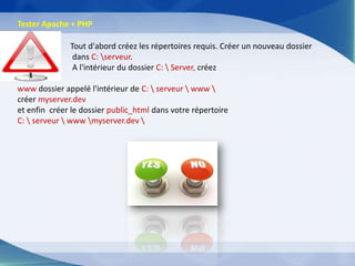 Tester Apache + PHP

              Tout d'abord créez les répertoires requis. Créer un nouveau dossier
               dans C: serveur.
               A l'intérieur du dossier C:  Server, créez

www dossier appelé l'intérieur de C:  serveur  www 
créer myserver.dev
et enfin créer le dossier public_html dans votre répertoire
C:  serveur  www myserver.dev 
 