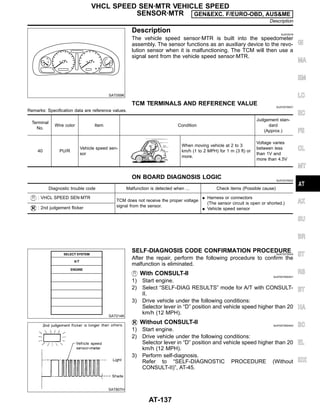 SAT059K
Description NJAT0079
The vehicle speed sensor·MTR is built into the speedometer
assembly. The sensor functions as an auxiliary device to the revo-
lution sensor when it is malfunctioning. The TCM will then use a
signal sent from the vehicle speed sensor·MTR.
TCM TERMINALS AND REFERENCE VALUE NJAT0079S01
Remarks: Specification data are reference values.
Terminal
No.
Wire color Item Condition
Judgement stan-
dard
(Approx.)
40 PU/R
Vehicle speed sen-
sor
When moving vehicle at 2 to 3
km/h (1 to 2 MPH) for 1 m (3 ft) or
more.
Voltage varies
between less
than 1V and
more than 4.5V
ON BOARD DIAGNOSIS LOGIC NJAT0079S02
Diagnostic trouble code Malfunction is detected when ... Check items (Possible cause)
: VHCL SPEED SEN·MTR
TCM does not receive the proper voltage
signal from the sensor.
I Harness or connectors
(The sensor circuit is open or shorted.)
I Vehicle speed sensor
: 2nd judgement flicker
SAT014K
SAT807H
SELF-DIAGNOSIS CODE CONFIRMATION PROCEDURE
NJAT0079S04
After the repair, perform the following procedure to confirm the
malfunction is eliminated.
With CONSULT-II NJAT0079S0401
1) Start engine.
2) Select “SELF-DIAG RESULTS” mode for A/T with CONSULT-
II.
3) Drive vehicle under the following conditions:
Selector lever in “D” position and vehicle speed higher than 20
km/h (12 MPH).
Without CONSULT-II NJAT0079S0402
1) Start engine.
2) Drive vehicle under the following conditions:
Selector lever in “D” position and vehicle speed higher than 20
km/h (12 MPH).
3) Perform self-diagnosis.
Refer to “SELF-DIAGNOSTIC PROCEDURE (Without
CONSULT-II)”, AT-45.
GI
MA
EM
LC
EC
FE
CL
MT
AX
SU
BR
ST
RS
BT
HA
SC
EL
IDX
VHCL SPEED SEN·MTR VEHICLE SPEED
SENSOR·MTR GEN&EXC. F/EURO-OBD, AUS&ME
Description
AT-137
 