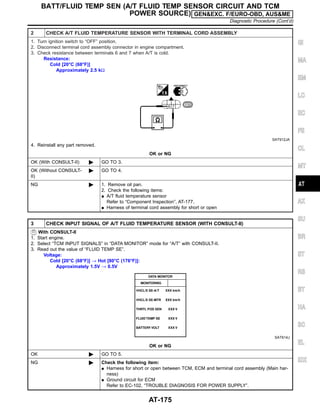 2 CHECK A/T FLUID TEMPERATURE SENSOR WITH TERMINAL CORD ASSEMBLY
1. Turn ignition switch to “OFF” position.
2. Disconnect terminal cord assembly connector in engine compartment.
3. Check resistance between terminals 6 and 7 when A/T is cold.
Resistance:
Cold [20°C (68°F)]
Approximately 2.5 kΩ
SAT912JA
4. Reinstall any part removed.
OK or NG
OK (With CONSULT-II) © GO TO 3.
OK (Without CONSULT-
II)
© GO TO 4.
NG © 1. Remove oil pan.
2. Check the following items:
I A/T fluid temperature sensor
Refer to “Component Inspection”, AT-177.
I Harness of terminal cord assembly for short or open
3 CHECK INPUT SIGNAL OF A/T FLUID TEMPERATURE SENSOR (WITH CONSULT-II)
With CONSULT-II
1. Start engine.
2. Select “TCM INPUT SIGNALS” in “DATA MONITOR” mode for “A/T” with CONSULT-II.
3. Read out the value of “FLUID TEMP SE”.
Voltage:
Cold [20°C (68°F)] → Hot [80°C (176°F)]:
Approximately 1.5V → 0.5V
SAT614J
OK or NG
OK © GO TO 5.
NG © Check the following item:
I Harness for short or open between TCM, ECM and terminal cord assembly (Main har-
ness)
I Ground circuit for ECM
Refer to EC-102, “TROUBLE DIAGNOSIS FOR POWER SUPPLY”.
GI
MA
EM
LC
EC
FE
CL
MT
AX
SU
BR
ST
RS
BT
HA
SC
EL
IDX
BATT/FLUID TEMP SEN (A/T FLUID TEMP SENSOR CIRCUIT AND TCM
POWER SOURCE) GEN&EXC. F/EURO-OBD, AUS&ME
Diagnostic Procedure (Cont’d)
AT-175
 