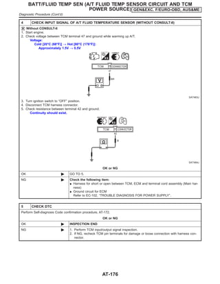 4 CHECK INPUT SIGNAL OF A/T FLUID TEMPERATURE SENSOR (WITHOUT CONSULT-II)
Without CONSULT-II
1. Start engine.
2. Check voltage between TCM terminal 47 and ground while warming up A/T.
Voltage:
Cold [20°C (68°F)] → Hot [80°C (176°F)]:
Approximately 1.5V → 0.5V
SAT463J
3. Turn ignition switch to “OFF” position.
4. Disconnect TCM harness connector.
5. Check resistance between terminal 42 and ground.
Continuity should exist.
SAT464J
OK or NG
OK © GO TO 5.
NG © Check the following item:
I Harness for short or open between TCM, ECM and terminal cord assembly (Main har-
ness)
I Ground circuit for ECM
Refer to EC-102, “TROUBLE DIAGNOSIS FOR POWER SUPPLY”.
5 CHECK DTC
Perform Self-diagnosis Code confirmation procedure, AT-172.
OK or NG
OK © INSPECTION END
NG © 1. Perform TCM input/output signal inspection.
2. If NG, recheck TCM pin terminals for damage or loose connection with harness con-
nector.
BATT/FLUID TEMP SEN (A/T FLUID TEMP SENSOR CIRCUIT AND TCM
POWER SOURCE) GEN&EXC. F/EURO-OBD, AUS&ME
Diagnostic Procedure (Cont’d)
AT-176
 