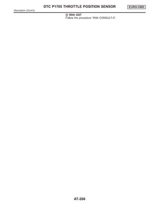 With GST
Follow the procedure “With CONSULT-II”.
DTC P1705 THROTTLE POSITION SENSOR EURO-OBD
Description (Cont’d)
AT-266
 