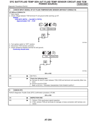 4 CHECK INPUT SIGNAL OF A/T FLUID TEMPERATURE SENSOR (WITHOUT CONSULT-II)
Without CONSULT-II
1. Start engine.
2. Check voltage between TCM terminal 47 and ground while warming up A/T.
Voltage:
Cold [20°C (68°F)] → Hot [80°C (176°F)]:
Approximately 1.5V → 0.5V
SAT463J
3. Turn ignition switch to “OFF” position.
4. Disconnect TCM harness connector.
5. Check resistance between terminal 42 and ground.
Continuity should exist.
SAT464J
OK or NG
OK © GO TO 5.
NG © Check the following item:
I Harness for short or open between TCM, ECM and terminal cord assembly (Main har-
ness)
I Ground circuit for ECM
Refer to EC-615, “TROUBLE DIAGNOSIS FOR POWER SUPPLY”.
5 CHECK DTC
Perform Diagnostic Trouble Code (DTC) confirmation procedure, AT-280.
OK or NG
OK © INSPECTION END
NG © 1. Perform TCM input/output signal inspection.
2. If NG, recheck TCM pin terminals for damage or loose connection with harness con-
nector.
DTC BATT/FLUID TEMP SEN (A/T FLUID TEMP SENSOR CIRCUIT AND TCM
POWER SOURCE) EURO-OBD
Diagnostic Procedure (Cont’d)
AT-284
 