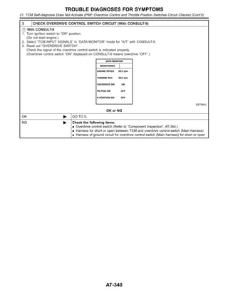 3 CHECK OVERDRIVE CONTROL SWITCH CIRCUIT (With CONSULT-II)
With CONSULT-II
1. Turn ignition switch to “ON” position.
(Do not start engine.)
2. Select “TCM INPUT SIGNALS” in “DATA MONITOR” mode for “A/T” with CONSULT-II.
3. Read out “OVERDRIVE SWITCH”.
Check the signal of the overdrive control switch is indicated properly.
(Overdrive control switch “ON” displayed on CONSULT-II means overdrive “OFF”.)
SAT645J
OK or NG
OK © GO TO 5.
NG © Check the following items:
I Overdrive control switch (Refer to “Component Inspection”, AT-344.)
I Harness for short or open between TCM and overdrive control switch (Main harness)
I Harness of ground circuit for overdrive control switch (Main harness) for short or open
TROUBLE DIAGNOSES FOR SYMPTOMS
21. TCM Self-diagnosis Does Not Activate (PNP, Overdrive Control and Throttle Position Switches Circuit Checks) (Cont’d)
AT-340
 