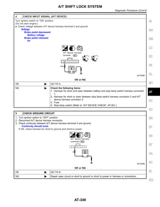 4 CHECK INPUT SIGNAL (A/T DEVICE)
Turn ignition switch to “ON” position.
(Do not start engine.)
I Check voltage between A/T device harness terminal 2 and ground.
Voltage:
Brake pedal depressed:
Battery voltage
Brake pedal released:
0V
SAT008K
OK or NG
OK © GO TO 5.
NG © Check the following items:
1. Harness for short and open between battery and stop lamp switch harness connector
1.
2. Harness for short or open between stop lamp switch harness connector 2 and A/T
device harness connector 2.
3. Fuse
4. Stop lamp switch (Refer to “A/T DEVICE CHECK”, AT-351.)
5 CHECK GROUND CIRCUIT
1. Turn ignition switch to “OFF” position.
2. Disconnect A/T device harness connector.
3. Check continuity between A/T device harness terminal 3 and ground.
Continuity should exist.
If OK, check harness for short to ground and short to power.
SAT009K
OK or NG
OK © GO TO 6.
NG © Repair open circuit or short to ground or short to power in harness or connectors.
GI
MA
EM
LC
EC
FE
CL
MT
AX
SU
BR
ST
RS
BT
HA
SC
EL
IDX
A/T SHIFT LOCK SYSTEM
Diagnostic Procedure (Cont’d)
AT-349
 