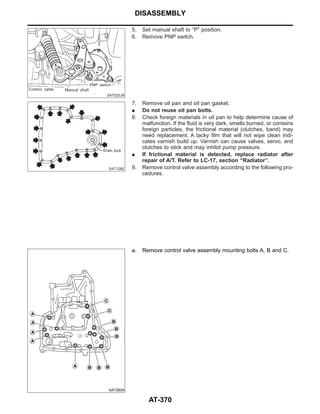 SAT023JB
5. Set manual shaft to “P” position.
6. Remove PNP switch.
SAT128E
7. Remove oil pan and oil pan gasket.
I Do not reuse oil pan bolts.
8. Check foreign materials in oil pan to help determine cause of
malfunction. If the fluid is very dark, smells burned, or contains
foreign particles, the frictional material (clutches, band) may
need replacement. A tacky film that will not wipe clean indi-
cates varnish build up. Varnish can cause valves, servo, and
clutches to stick and may inhibit pump pressure.
I If frictional material is detected, replace radiator after
repair of A/T. Refer to LC-17, section “Radiator”.
9. Remove control valve assembly according to the following pro-
cedures.
AAT260A
a. Remove control valve assembly mounting bolts A, B and C.
DISASSEMBLY
AT-370
 