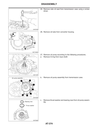 SAT072D
25. Remove side oil seal from transmission case using a screw-
driver.
SAT134EA
26. Remove oil tube from converter housing.
SAT127E
27. Remove oil pump according to the following procedures.
a. Remove O-ring from input shaft.
SAT035D
b. Remove oil pump assembly from transmission case.
SAT036D
c. Remove thrust washer and bearing race from oil pump assem-
bly.
DISASSEMBLY
AT-374
 