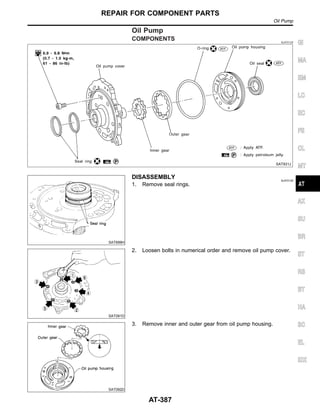 Oil Pump
COMPONENTS NJAT0125
SAT931J
SAT699H
DISASSEMBLY NJAT0126
1. Remove seal rings.
SAT091D
2. Loosen bolts in numerical order and remove oil pump cover.
SAT092D
3. Remove inner and outer gear from oil pump housing.
GI
MA
EM
LC
EC
FE
CL
MT
AX
SU
BR
ST
RS
BT
HA
SC
EL
IDX
REPAIR FOR COMPONENT PARTS
Oil Pump
AT-387
 