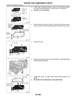 SAT072F
b. Install upper separating gasket, upper inter separating gasket
and upper separating plate in order shown in illustration.
I Always use new gaskets.
SAT073F
c. Install reamer bolts F from bottom of upper body. Using reamer
bolts as guides, install separating plate and gaskets as a seat.
SAT074F
d. Install pilot filter.
SAT870J
e. Place inter body as shown in the illustration. Install steel balls
in their proper positions.
SAT076F
f. Install inter body on upper body using reamer bolts F as
guides.
I Be careful not to dislocate or drop steel balls.
REPAIR FOR COMPONENT PARTS
Control Valve Assembly (Cont’d)
AT-396
 