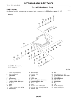 Control Valve Lower Body
COMPONENTS =NJAT0137
Numbers preceding valve springs correspond with those shown in SDS table on page AT-477.
SAT013K
1. Control valve lower body
2. Shift valve B spring
3. Shift valve B
4. Plug
5. Retainer plate
6. Pressure modifier valve
7. Pressure modifier valve spring
8. Parallel pin
9. Sleeve
10. Piston
11. Pressure modifier piston spring
12. Retainer plate
13. Manual valve
14. Retainer plate
15. Sleeve
16. Plug
17. Spring seat
18. Pressure regulator valve spring
19. Pressure regulator valve
20. Retainer plate
21. Plug
22. Overrun clutch control valve
23. Overrun clutch control valve spring
24. Retainer plate
25. Plug
26. Accumulator control valve
27. Accumulator control valve spring
28. Retainer plate
29. Shift valve A spring
30. Shift valve A
31. Retainer plate
32. Plug
33. Plug
34. Shuttle valve spring
35. Shuttle control valve
REPAIR FOR COMPONENT PARTS
Control Valve Lower Body
AT-404
 