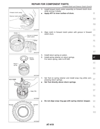 SAT216D
3. Install forward clutch piston assembly on forward clutch drum
while turning it slowly.
I Apply ATF to inner surface of drum.
SAT217D
4. Align notch in forward clutch piston with groove in forward
clutch drum.
SAT218D
5. Install return spring on piston.
6. Install spring retainer on return springs.
For return spring, refer to AT-480.
SAT205D
7. Set Tool on spring retainer and install snap ring while com-
pressing return springs.
I Set Tool directly above return springs.
SAT220D
I Do not align snap ring gap with spring retainer stopper.
GI
MA
EM
LC
EC
FE
CL
MT
AX
SU
BR
ST
RS
BT
HA
SC
EL
IDX
REPAIR FOR COMPONENT PARTS
Forward Clutch and Overrun Clutch (Cont’d)
AT-419
 