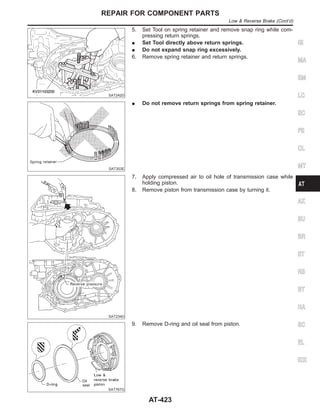 SAT242D
5. Set Tool on spring retainer and remove snap ring while com-
pressing return springs.
I Set Tool directly above return springs.
I Do not expand snap ring excessively.
6. Remove spring retainer and return springs.
SAT303E
I Do not remove return springs from spring retainer.
SAT234D
7. Apply compressed air to oil hole of transmission case while
holding piston.
8. Remove piston from transmission case by turning it.
SAT767G
9. Remove D-ring and oil seal from piston.
GI
MA
EM
LC
EC
FE
CL
MT
AX
SU
BR
ST
RS
BT
HA
SC
EL
IDX
REPAIR FOR COMPONENT PARTS
Low & Reverse Brake (Cont’d)
AT-423
 