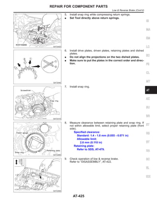SAT242D
5. Install snap ring while compressing return springs.
I Set Tool directly above return springs.
SAT254E
6. Install drive plates, driven plates, retaining plates and dished
plates.
I Do not align the projections on the two dished plates.
I Make sure to put the plates in the correct order and direc-
tion.
SAT231D
7. Install snap ring.
SAT246D
8. Measure clearance between retaining plate and snap ring. If
not within allowable limit, select proper retaining plate (front
side).
Specified clearance:
Standard: 1.4 - 1.8 mm (0.055 - 0.071 in)
Allowable limit:
2.8 mm (0.110 in)
Retaining plate:
Refer to SDS, AT-479.
SAT230D
9. Check operation of low & reverse brake.
Refer to “DISASSEMBLY”, AT-422.
GI
MA
EM
LC
EC
FE
CL
MT
AX
SU
BR
ST
RS
BT
HA
SC
EL
IDX
REPAIR FOR COMPONENT PARTS
Low & Reverse Brake (Cont’d)
AT-425
 