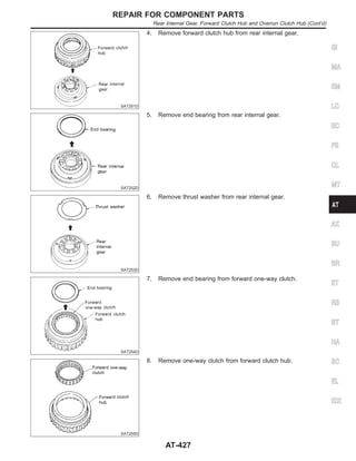 SAT251D
4. Remove forward clutch hub from rear internal gear.
SAT252D
5. Remove end bearing from rear internal gear.
SAT253D
6. Remove thrust washer from rear internal gear.
SAT254D
7. Remove end bearing from forward one-way clutch.
SAT255D
8. Remove one-way clutch from forward clutch hub.
GI
MA
EM
LC
EC
FE
CL
MT
AX
SU
BR
ST
RS
BT
HA
SC
EL
IDX
REPAIR FOR COMPONENT PARTS
Rear Internal Gear, Forward Clutch Hub and Overrun Clutch Hub (Cont’d)
AT-427
 