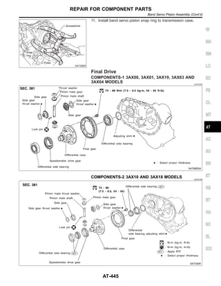 SAT288D
11. Install band servo piston snap ring to transmission case.
Final Drive
COMPONENTS-1 3AX00, 3AX01, 3AX19, 3AX63 AND
3AX64 MODELS NJAT0354
SAT680DA
COMPONENTS-2 3AX10 AND 3AX18 MODELS NJAT0169
SAT040K
GI
MA
EM
LC
EC
FE
CL
MT
AX
SU
BR
ST
RS
BT
HA
SC
EL
IDX
REPAIR FOR COMPONENT PARTS
Band Servo Piston Assembly (Cont’d)
AT-445
 