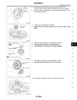 SAT358D
6. Hold forward clutch hub and turn overrun clutch hub.
Check overrun clutch hub for directions of lock and unlock.
I If not as shown in illustration, check installed direction of for-
ward one-way clutch.
SAT359D
7. Install rear internal gear assembly.
I Align teeth of forward clutch and overrun clutch drive
plate.
SAT360D
8. Install needle bearing on rear planetary carrier.
I Apply petroleum jelly to needle bearing.
I Pay attention to direction of needle bearing.
SAT052D
9. Install rear sun gear on rear planetary carrier.
I Pay attention to direction of rear sun gear.
SAT362D
10. Install rear planetary carrier on transmission case.
GI
MA
EM
LC
EC
FE
CL
MT
AX
SU
BR
ST
RS
BT
HA
SC
EL
IDX
ASSEMBLY
Assembly (2) (Cont’d)
AT-459
 