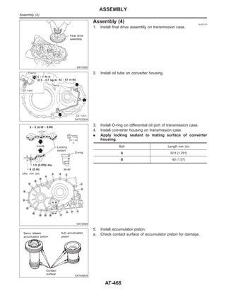 SAT030D
Assembly (4) NJAT0178
1. Install final drive assembly on transmission case.
SAT033DA
2. Install oil tube on converter housing.
SAT405D
3. Install O-ring on differential oil port of transmission case.
4. Install converter housing on transmission case.
I Apply locking sealant to mating surface of converter
housing.
Bolt Length mm (in)
A 32.8 (1.291)
B 40 (1.57)
SAT406DA
5. Install accumulator piston.
a. Check contact surface of accumulator piston for damage.
ASSEMBLY
Assembly (4)
AT-468
 