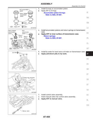 SAT407DA
b. Install O-rings on accumulator piston.
I Apply ATF to O-rings.
Accumulator piston O-rings:
Refer to SDS, AT-487.
SAT878J
c. Install accumulator pistons and return springs on transmission
case.
I Apply ATF to inner surface of transmission case.
Return springs:
Refer to SDS, AT-487.
SAT021D
SAT022D
6. Install lip seals for band servo oil holes on transmission case.
I Apply petroleum jelly to lip seals.
SAT017D
7. Install control valve assembly.
a. Insert manual valve into control valve assembly.
I Apply ATF to manual valve.
GI
MA
EM
LC
EC
FE
CL
MT
AX
SU
BR
ST
RS
BT
HA
SC
EL
IDX
ASSEMBLY
Assembly (4) (Cont’d)
AT-469
 