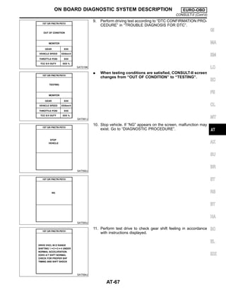 SAT019K
9. Perform driving test according to “DTC CONFIRMATION PRO-
CEDURE” in “TROUBLE DIAGNOSIS FOR DTC”.
SAT591J
I When testing conditions are satisfied, CONSULT-II screen
changes from “OUT OF CONDITION” to “TESTING”.
SAT592J
SAT593J
10. Stop vehicle. If “NG” appears on the screen, malfunction may
exist. Go to “DIAGNOSTIC PROCEDURE”.
SAT594J
11. Perform test drive to check gear shift feeling in accordance
with instructions displayed.
GI
MA
EM
LC
EC
FE
CL
MT
AX
SU
BR
ST
RS
BT
HA
SC
EL
IDX
ON BOARD DIAGNOSTIC SYSTEM DESCRIPTION EURO-OBD
CONSULT-II (Cont’d)
AT-67
 