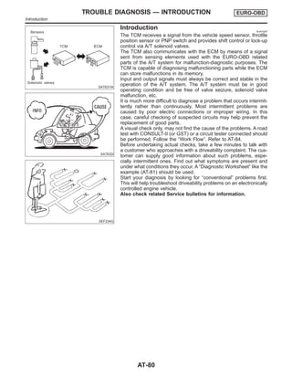 SAT631IA
Introduction NJAT0257
SAT632I
SEF234G
The TCM receives a signal from the vehicle speed sensor, throttle
position sensor or PNP switch and provides shift control or lock-up
control via A/T solenoid valves.
The TCM also communicates with the ECM by means of a signal
sent from sensing elements used with the EURO-OBD related
parts of the A/T system for malfunction-diagnostic purposes. The
TCM is capable of diagnosing malfunctioning parts while the ECM
can store malfunctions in its memory.
Input and output signals must always be correct and stable in the
operation of the A/T system. The A/T system must be in good
operating condition and be free of valve seizure, solenoid valve
malfunction, etc.
It is much more difficult to diagnose a problem that occurs intermit-
tently rather than continuously. Most intermittent problems are
caused by poor electric connections or improper wiring. In this
case, careful checking of suspected circuits may help prevent the
replacement of good parts.
A visual check only, may not find the cause of the problems. A road
test with CONSULT-II (or GST) or a circuit tester connected should
be performed. Follow the “Work Flow”. Refer to AT-84.
Before undertaking actual checks, take a few minutes to talk with
a customer who approaches with a driveability complaint. The cus-
tomer can supply good information about such problems, espe-
cially intermittent ones. Find out what symptoms are present and
under what conditions they occur. A “Diagnostic Worksheet” like the
example (AT-81) should be used.
Start your diagnosis by looking for “conventional” problems first.
This will help troubleshoot driveability problems on an electronically
controlled engine vehicle.
Also check related Service bulletins for information.
TROUBLE DIAGNOSIS — INTRODUCTION EURO-OBD
Introduction
AT-80
 