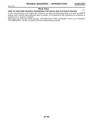 Work Flow NJAT0258
HOW TO PERFORM TROUBLE DIAGNOSES FOR QUICK AND ACCURATE REPAIR NJAT0258S01
A good understanding of the malfunction conditions can make troubleshooting faster and more accurate. In
general, each customer feels differently about a problem. It is important to fully understand the symptoms or
conditions for a customer complaint.
Make good use of the two sheets provided, “INFORMATION FROM CUSTOMER” (AT-81) and “DIAGNOS-
TIC WORKSHEET” (AT-82), to perform the best troubleshooting possible.
TROUBLE DIAGNOSIS — INTRODUCTION EURO-OBD
Work Flow
AT-84
 