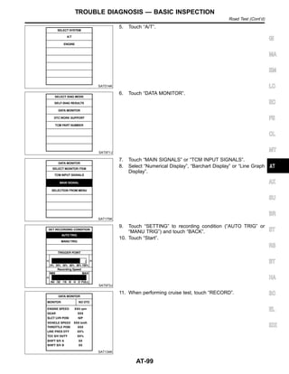 SAT014K
5. Touch “A/T”.
SAT971J
6. Touch “DATA MONITOR”.
SAT175K
7. Touch “MAIN SIGNALS” or “TCM INPUT SIGNALS”.
8. Select “Numerical Display”, “Barchart Display” or “Line Graph
Display”.
SAT973J
9. Touch “SETTING” to recording condition (“AUTO TRIG” or
“MANU TRIG”) and touch “BACK”.
10. Touch “Start”.
SAT134K
11. When performing cruise test, touch “RECORD”.
GI
MA
EM
LC
EC
FE
CL
MT
AX
SU
BR
ST
RS
BT
HA
SC
EL
IDX
TROUBLE DIAGNOSIS — BASIC INSPECTION
Road Test (Cont’d)
AT-99
 