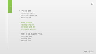 Contents
 교육 시장 현황
1. 초중고 사교육 시장 규모
2. 초중고 교육 e-learning 현황
3. 초중고 교육 이슈
 유입 & 매출 분석
1. 연간 유입 및 매출 분석
2. 요일별 유입 및 전환 분석
3. 시간대별 유입 및 전환 분석
 관심사 분석 & 매출 상위 키워드
1. 초중고 교육 관심사
2. 수능/입시 관심사
3. 매출 상위 키워드
 