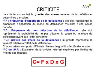 CRITICITE
La criticité est en fait la gravité des conséquences de la défaillance,
déterminée par calcul.
F : Fréquence d’apparition de la défaillance : elle doit représenter la
probabilité d’apparition du mode de défaillance résultant d’une cause
donnée.
D : Fréquence de non détection de la défaillance : elle doit
représenter la probabilité de ne pas détecter la cause ou le mode de
défaillance avant que l’effet survienne.
G : Gravité des effets de la défaillance : la gravité représente la
sévérité relative à l’effet de la défaillance.
Chaque critère comporte différents niveaux de gravité affectés d’une note.
C ou I.P.R. : Evaluation de la criticité : elle est exprimée par l’Indice de
Priorité des Risques.
C= F x D x G
 