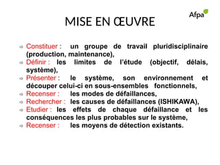 MISE EN ŒUVRE
 Constituer : un groupe de travail pluridisciplinaire
(production, maintenance),
 Définir : les limites de l’étude (objectif, délais,
système),
 Présenter : le système, son environnement et
découper celui-ci en sous-ensembles fonctionnels,
 Recenser : les modes de défaillances,
 Rechercher : les causes de défaillances (ISHIKAWA),
 Etudier : les effets de chaque défaillance et les
conséquences les plus probables sur le système,
 Recenser : les moyens de détection existants.
 