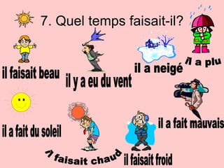 7. Quel temps faisait-il? il faisait beau il faisait chaud il a neigé il a fait mauvais il a plu il y a eu du vent il faisait froid il a fait du soleil 