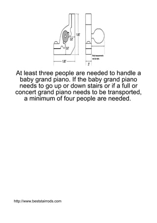 At least three people are needed to handle a
 baby grand piano. If the baby grand piano
 needs to go up or down stairs or if a full or
concert grand piano needs to be transported,
   a minimum of four people are needed.




http://www.beststairrods.com
 