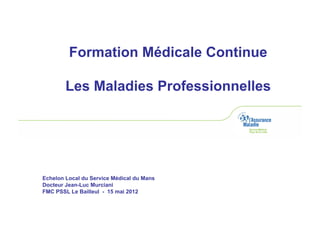 Formation Médicale Continue

        Les Maladies Professionnelles




Echelon Local du Service Médical du Mans
Docteur Jean-Luc Murciani
FMC PSSL Le Bailleul - 15 mai 2012
 