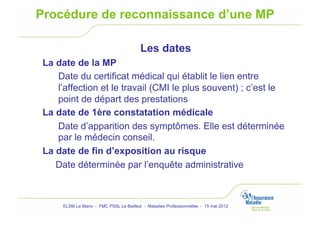 Procédure de reconnaissance d’une MP

                                          Les dates
 La date de la MP
    Date du certificat médical qui établit le lien entre
    l’affection et le travail (CMI le plus souvent) ; c’est le
    point de départ des prestations
 La date de 1ère constatation médicale
    Date d’apparition des symptômes. Elle est déterminée
    par le médecin conseil.
 La date de fin d’exposition au risque
    Date déterminée par l’enquête administrative



      ELSM Le Mans - FMC PSSL Le Bailleul - Maladies Professionnelles - 15 mai 2012
 