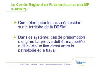 Le Comité Régional de Reconnaissance des MP
(CRRMP)



   Compétent pour les assurés résidant
   sur le territoire de la DRSM

   Dans ce système, pas de présomption
   d’origine. La preuve doit être apportée
   qu’il existe un lien direct entre la
   pathologie et le travail.


    ELSM Le Mans - FMC PSSL Le Bailleul - Maladies Professionnelles - 15 mai 2012
 