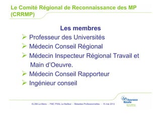 Le Comité Régional de Reconnaissance des MP
(CRRMP)

                 Les membres
     Professeur des Universités
     Médecin Conseil Régional
     Médecin Inspecteur Régional Travail et
       Main d’Oeuvre.
     Médecin Conseil Rapporteur
     Ingénieur conseil

       ELSM Le Mans - FMC PSSL Le Bailleul - Maladies Professionnelles - 15 mai 2012
 