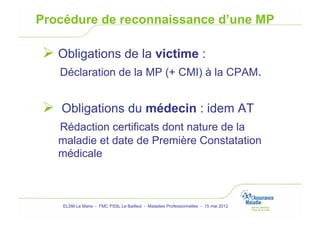 Procédure de reconnaissance d’une MP

   Obligations de la victime :
    Déclaration de la MP (+ CMI) à la CPAM.


   Obligations du médecin : idem AT
   Rédaction certificats dont nature de la
   maladie et date de Première Constatation
   médicale



    ELSM Le Mans - FMC PSSL Le Bailleul - Maladies Professionnelles - 15 mai 2012
 