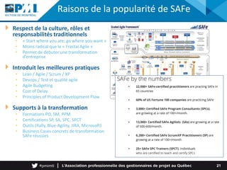 Respect de la culture, rôles et
responsabilités traditionnels
• « Start where you are; go where you want »
• Moins radical que le « Fractal Agile »
• Permet de débuter une transformation
d’entreprise
Introduit les meilleures pratiques
• Lean / Agile / Scrum / XP
• Devops / Test et qualité agile
• Agile Budgeting
• Cost of Delay
• Principles of Product Development Flow
Supports à la transformation
• Formations PO, SM, PPM
• Certifications SP, SA, SPC, SPCT
• Outils (Rally, Blue-Agility, JIRA, Microsoft)
• Business Cases concrets de transformation
SAFe réussies
Raisons de la popularité de SAFe
21
 