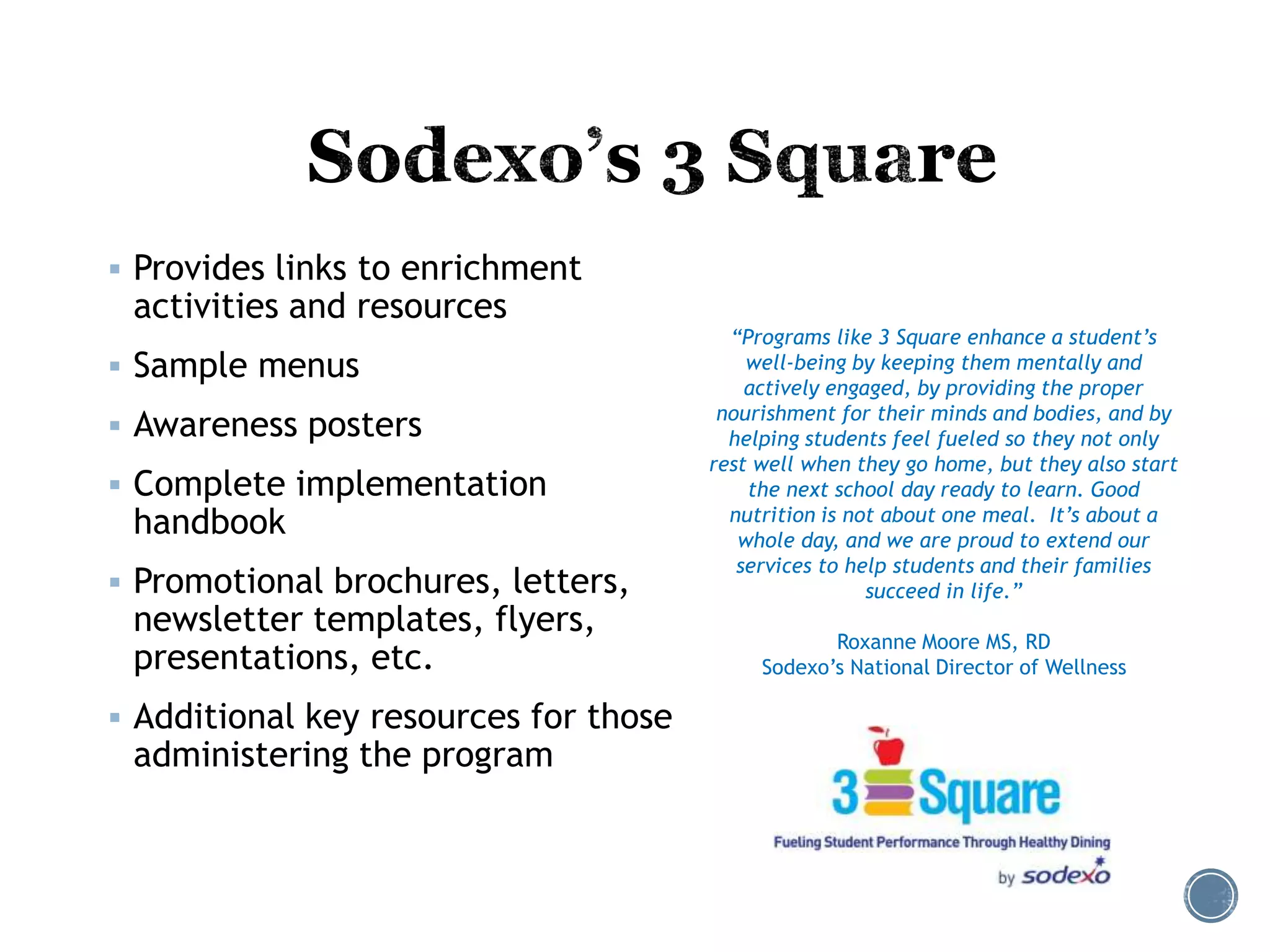  Provides links to enrichment 
activities and resources 
 Sample menus 
 Awareness posters 
 Complete implementation 
handbook 
 Promotional brochures, letters, 
newsletter templates, flyers, 
presentations, etc. 
 Additional key resources for those 
administering the program 
“Programs like 3 Square enhance a student’s 
well-being by keeping them mentally and 
actively engaged, by providing the proper 
nourishment for their minds and bodies, and by 
helping students feel fueled so they not only 
rest well when they go home, but they also start 
the next school day ready to learn. Good 
nutrition is not about one meal. It’s about a 
whole day, and we are proud to extend our 
services to help students and their families 
succeed in life.” 
Roxanne Moore MS, RD 
Sodexo’s National Director of Wellness 
 