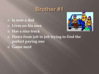 






Is now a dad
Lives on his own
Has a nice truck
Flows from job to job trying to find the
perfect paying one
Game nerd

 