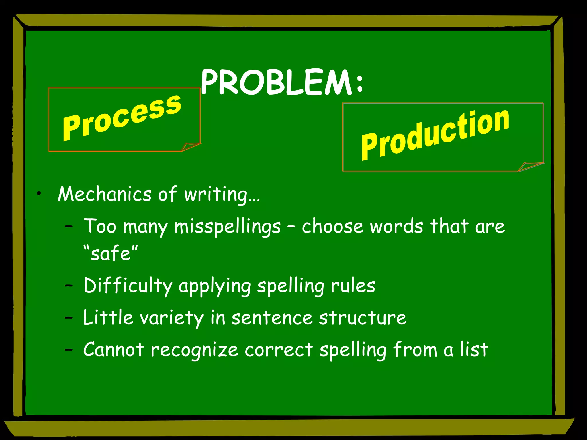PROBLEM: Mechanics of writing… Too many misspellings – choose words that are “safe” Difficulty applying spelling rules Little variety in sentence structure Cannot recognize correct spelling from a list Production Process 