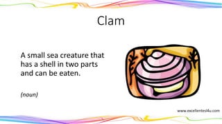 Clam
A small sea creature that
has a shell in two parts
and can be eaten.
(noun)
 