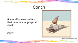 Conch
A snail-like sea creature
that lives in a large spiral
shell.
(noun)
 