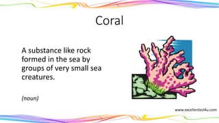 Coral
A substance like rock
formed in the sea by
groups of very small sea
creatures.
(noun)
 