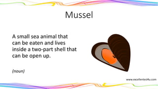 Mussel
A small sea animal that
can be eaten and lives
inside a two-part shell that
can be open up.
(noun)
 